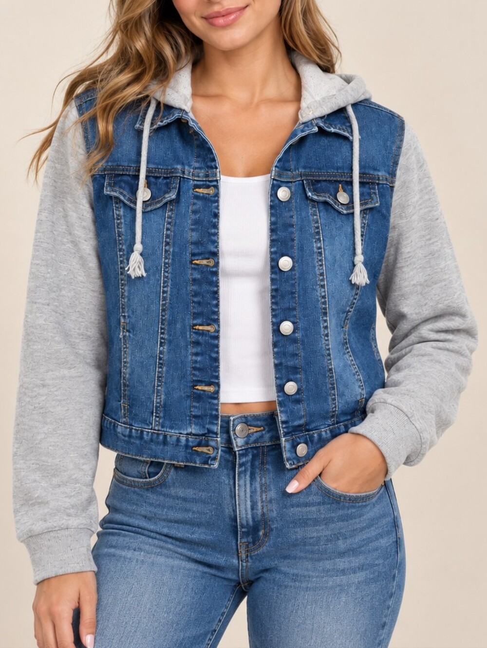Love Tree Cropped Jean Jacket Hoodie Blue Gray Women Size Medium Mixed Media